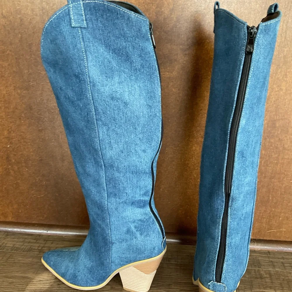 Denim boots, full back zipper, cute heels, sz 8.5/39 - Picture 6 of 8
